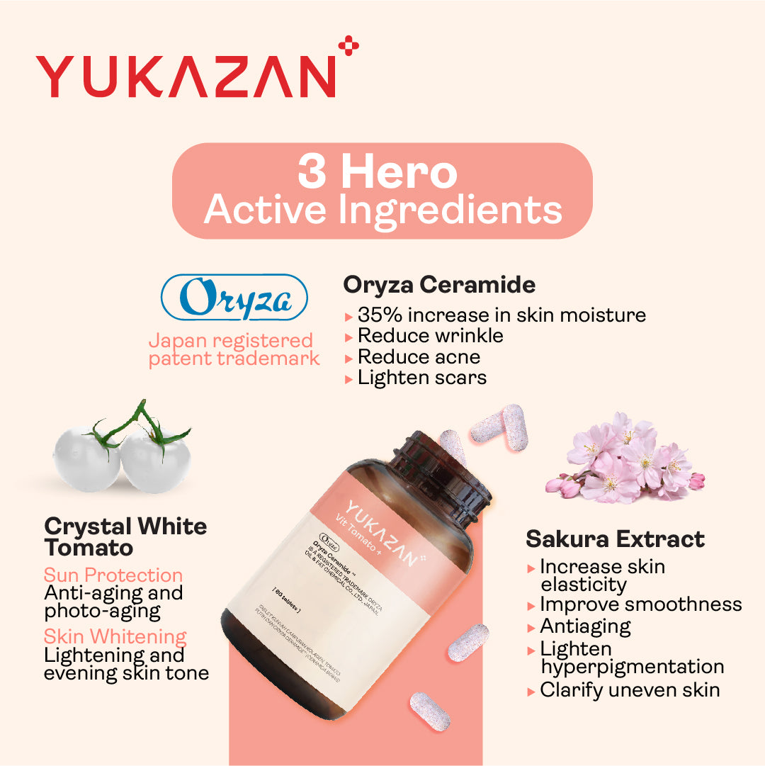 Yukazan Vit Tomato+ Brightening Supplement - Collagen, White Tomato, Oryza Ceramide Chewable Tablet - Oral Sunblock (60's)