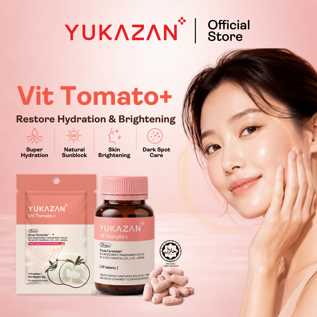 Yukazan Vit Tomato+ Brightening Supplement 10's - Collagen, White Tomato, Oryza Ceramide Chewable Tablet - Oral Sunblock