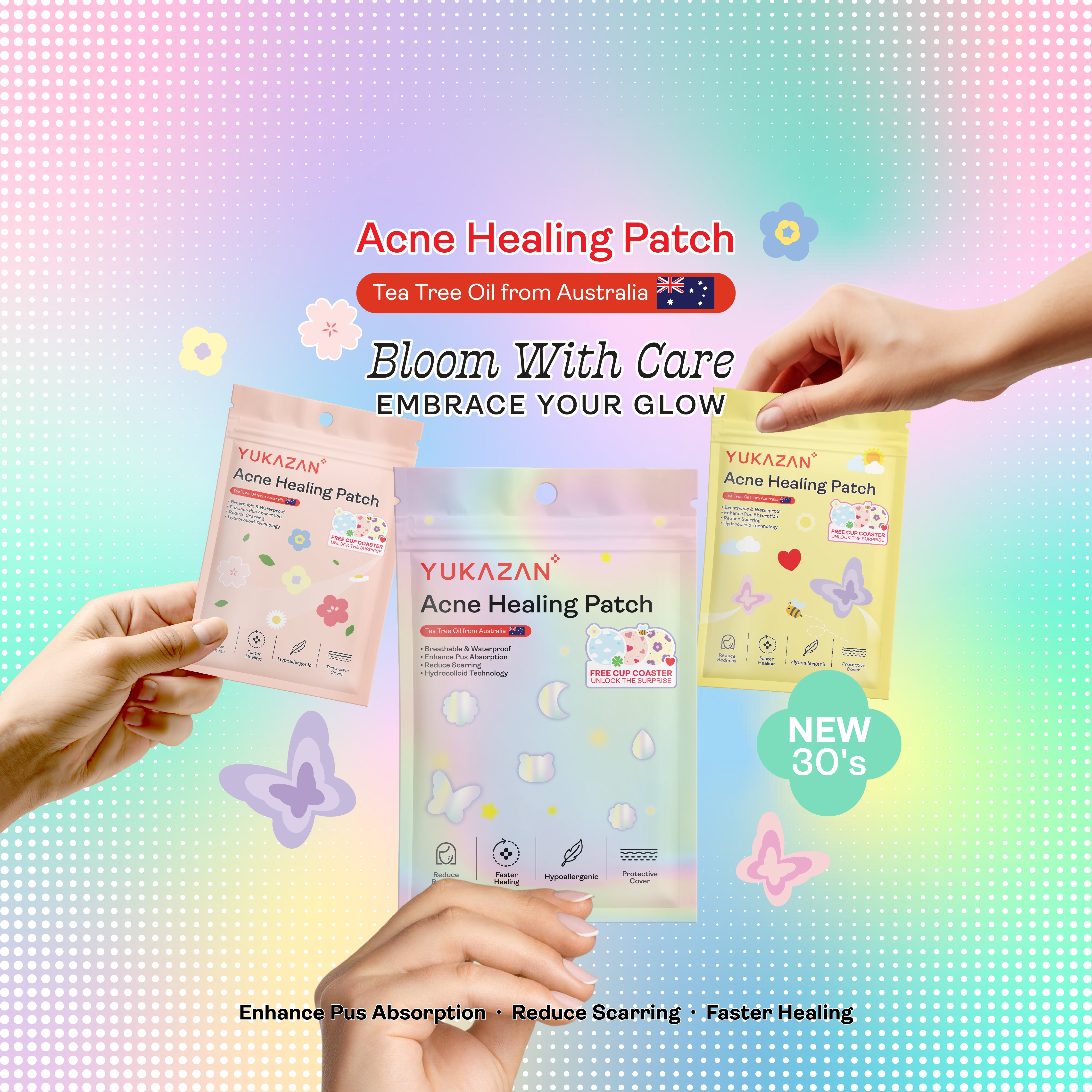 Yukazan Acne Healing Patch 30's | Cute Design Acne Patch | Pimple Acne Patch | Concealer Pimple Patch | Tea Tree Oil