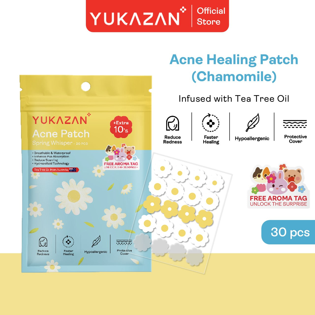 Yukazan Acne Healing Patch 30's | Cute Design Acne Patch | Pimple Acne Patch | Concealer Pimple Patch | Tea Tree Oil