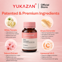 Yukazan Vit Tomato+ Brightening Supplement - Collagen, White Tomato, Oryza Ceramide Chewable Tablet - Oral Sunblock (30's)