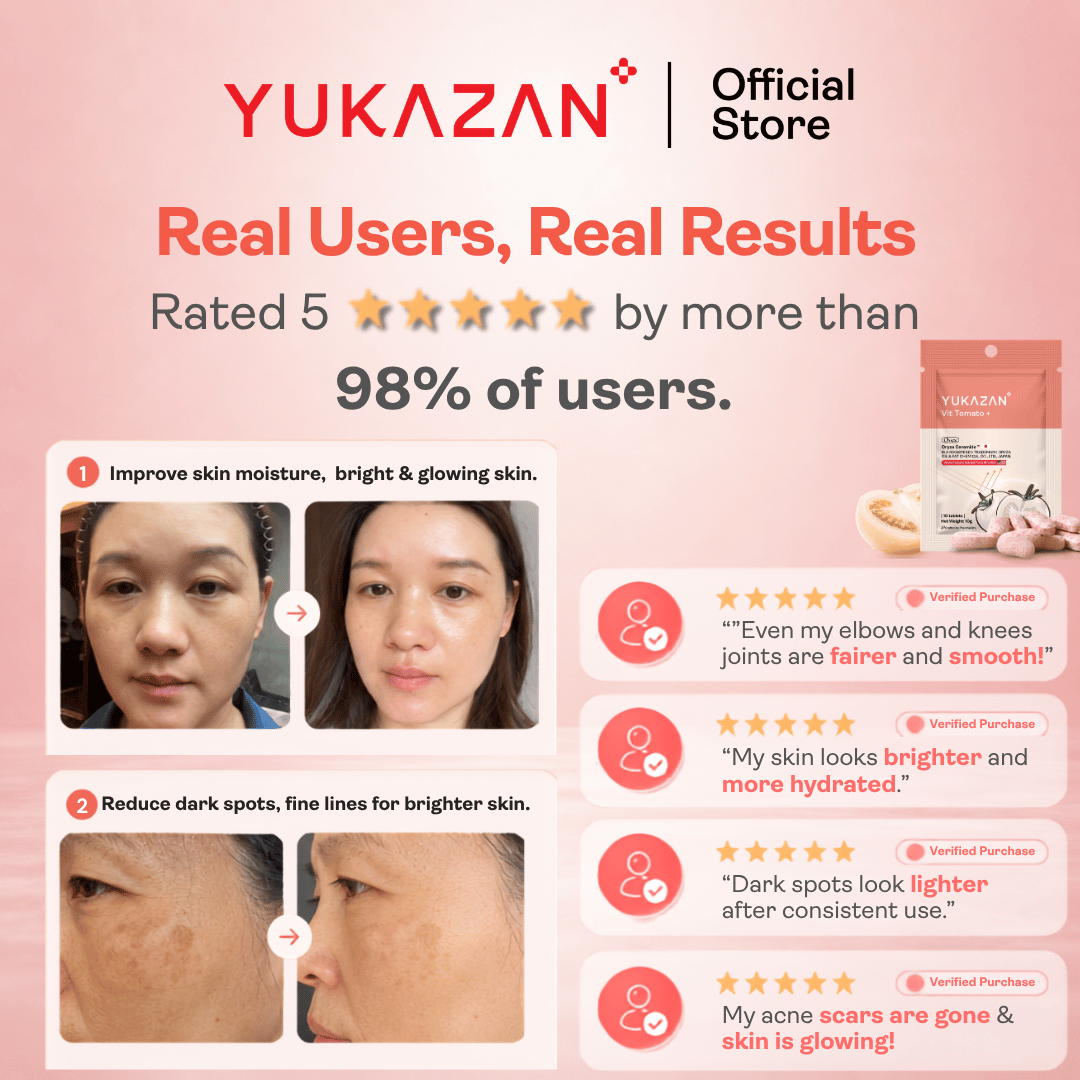 Yukazan Vit Tomato+ Brightening Supplement 10's - Collagen, White Tomato, Oryza Ceramide Chewable Tablet - Oral Sunblock