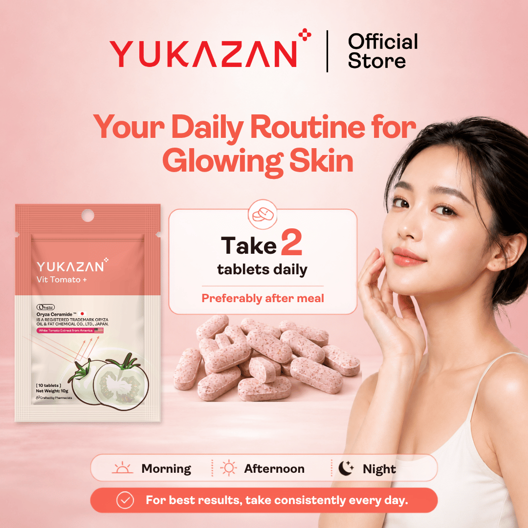 Yukazan Vit Tomato+ Brightening Supplement 10's - Collagen, White Tomato, Oryza Ceramide Chewable Tablet - Oral Sunblock