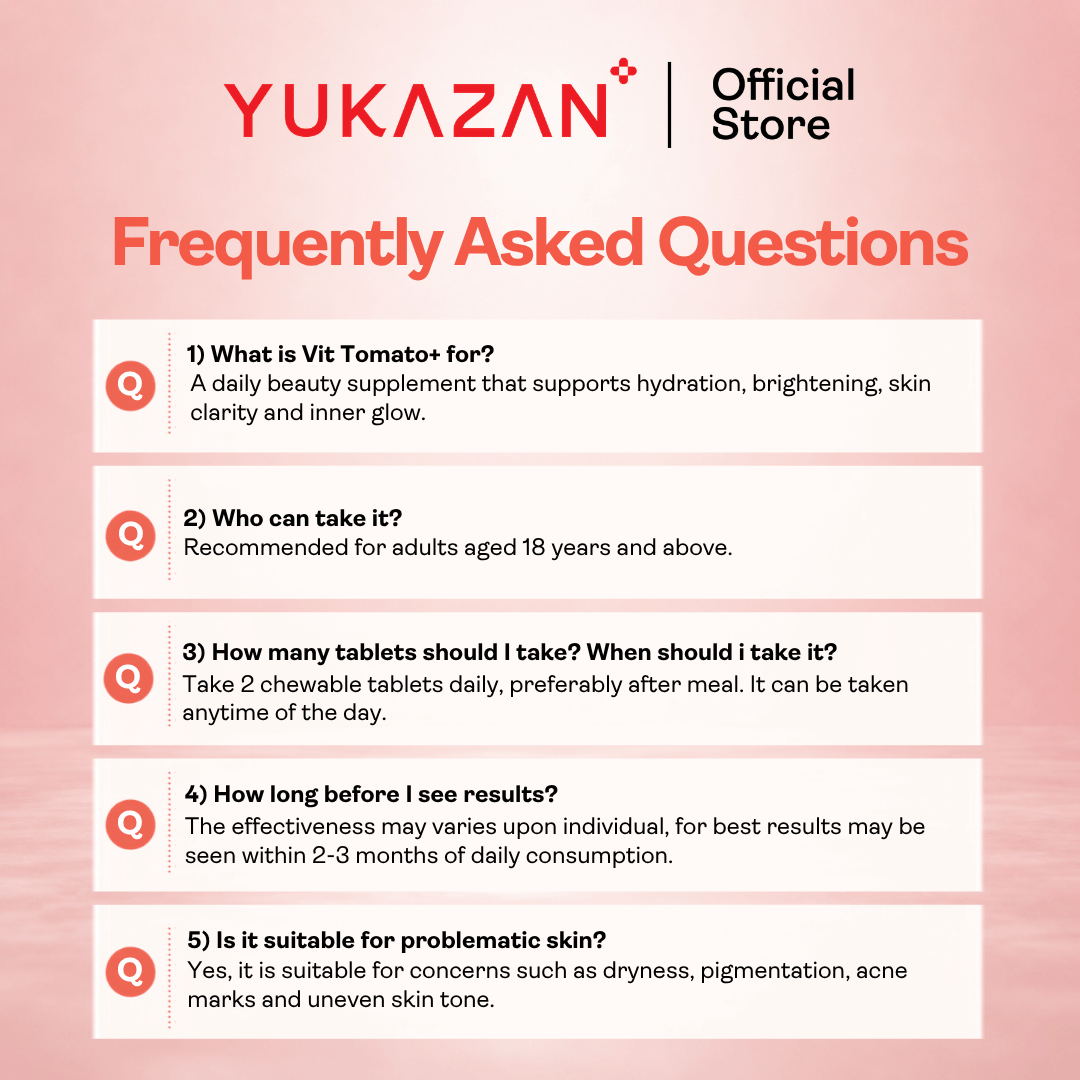 Yukazan Vit Tomato+ Brightening Supplement 10's - Collagen, White Tomato, Oryza Ceramide Chewable Tablet - Oral Sunblock