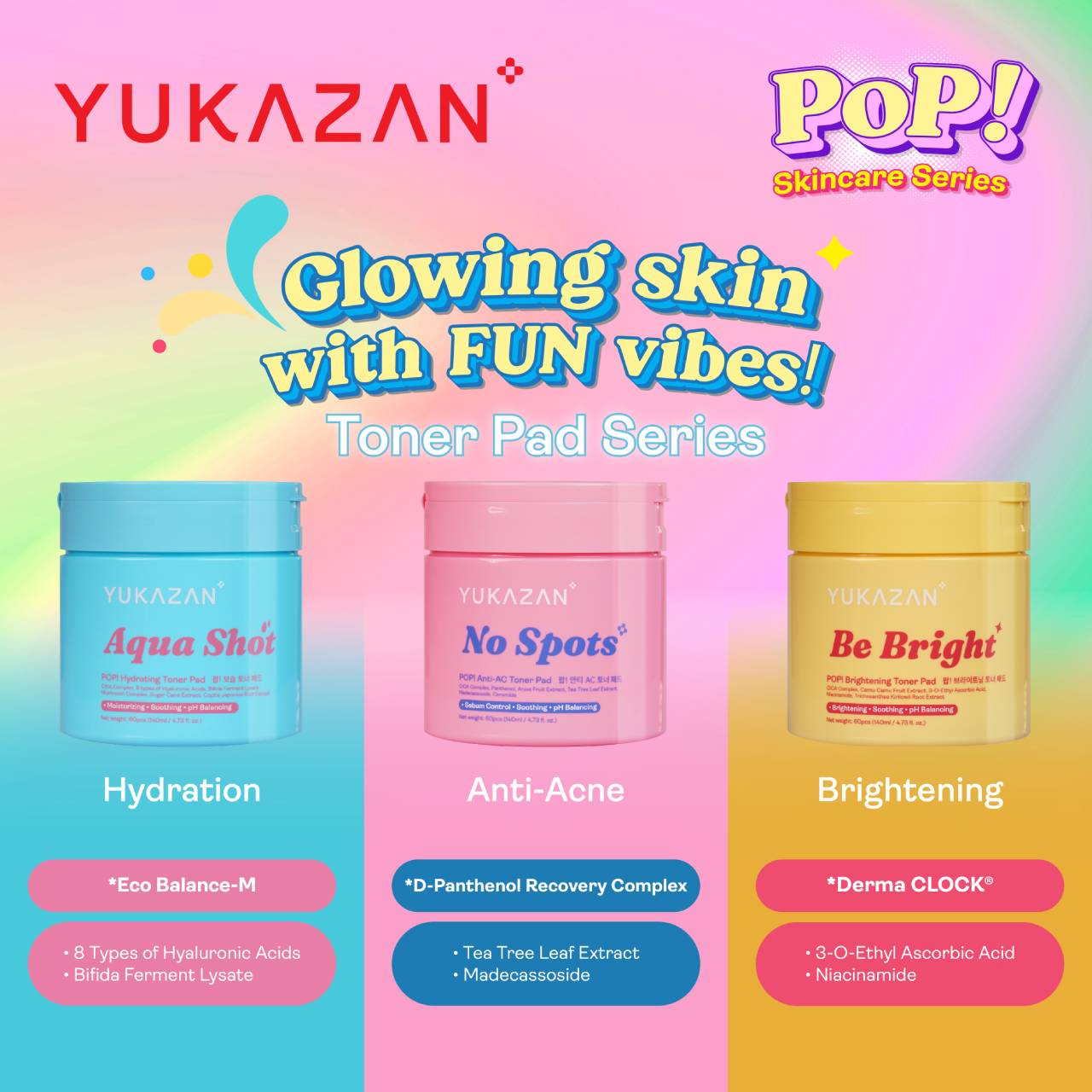 Yukazan POP! Aqua Shot Hydrating Toner Pad 60's - Soothing, Moisturizing, pH Balancing - Skincare, Face