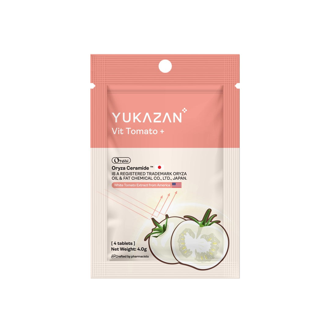 Yukazan Vit Tomato+ Brightening Supplement 4's - Collagen, White Tomato, Oryza Ceramide Chewable Tablet - Oral Sunblock